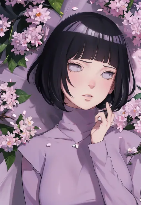 { - anatomy error} (Masterpiece - Ultra-detailed, very high resolution) (huge titusty, masterpiece, absurdres, hinata(boruto), 1girl, solo,mature female, lilac turtleneck blouse, black pant, looking at viewelling petals), perfect composition, detailed lips...