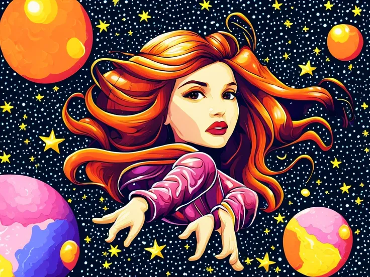 vector art,colorful universe,girl floating,star-filled background,cosmic landscape,happy expression,flowing hair,futuristic outf...