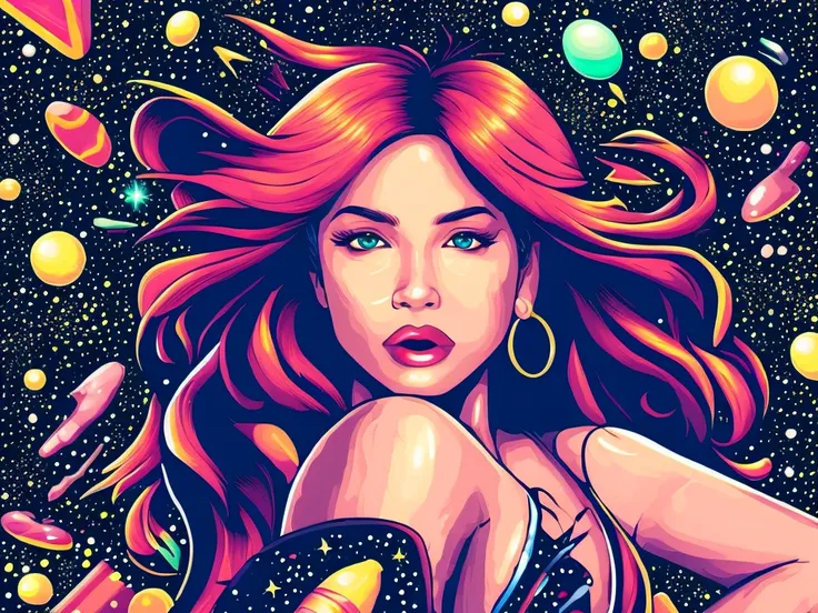 vector art,colorful universe,girl floating,star-filled background,cosmic landscape,happy expression,flowing hair,futuristic outf...