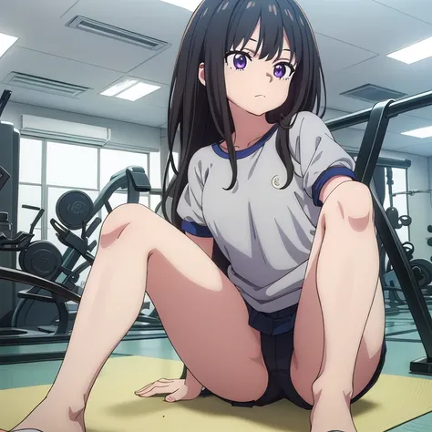 (master piece, high quality)、anime girl sitting on a mat, しゃがむbeautifulアニメの女の子, anime girl squatting, anime moe art style, at the gym, thighs!!!, strongest pose, Smooth anime CG art, thighs!!!!!!, buruma, navy color buruma, black hair、(spread your legaster...