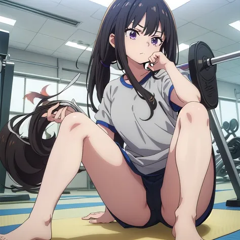 (master piece, high quality)、anime girl sitting on a mat, しゃがむbeautifulアニメの女の子, anime girl squatting, anime moe art style, at the gym, thighs!!!, strongest pose, Smooth anime CG art, thighs!!!!!!, buruma, navy color buruma, black hair、(spread your legaster...