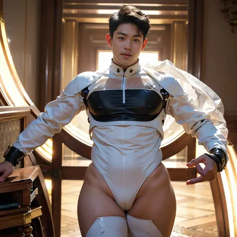 (masutepiece,High resolution,ultra - detailed:1.0),1(Boy ,robot boy ),Perfect male body,Look at the camera,Delicate eyes and delicate face,extremely details CG,Unity 8k壁纸,intricate-detail,solo person,Detailed face, ( extreme tight high waisted white bodysu...