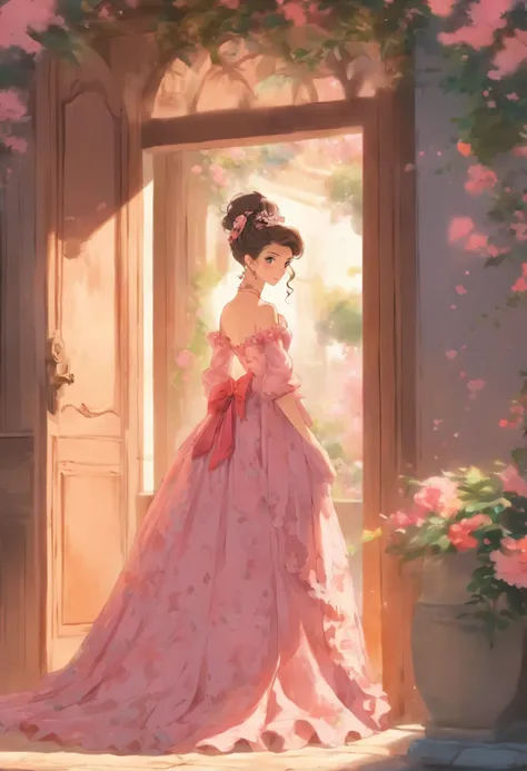 araffe woman in a pink dress standing in a doorway, a pastel inspired by Gabriel Ba, instagram, arabesque, looks like ebru şahin, wearing pink floral gown, dilraba dilmurat, romantic dress, dressed in a pink dress, beautiful silky dress, dress in the style...