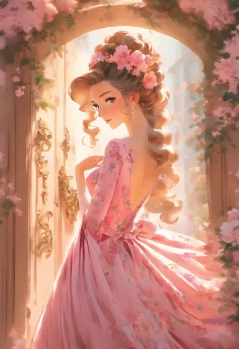 araffe woman in a pink dress standing in a doorway, looks like ebru şahin, wearing pink floral gown, dilraba dilmurat, romantic dress, dressed in a pink dress, beautiful silky dress, dress in the style of rococo, beautiful dress, olivia culpo as milady de ...