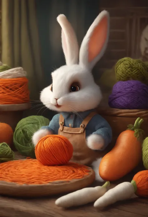 Cute cartoon rabbit, the rabbit is making Crochet carrot, and a lots of yarn in the background