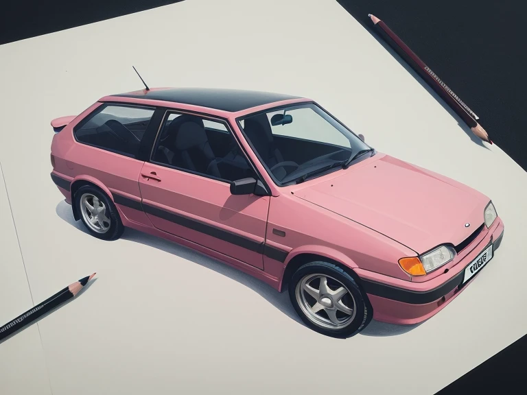 [top view]:(vector art VAZ-2113 car), minimalis, [blue+pink shades], pencil drawing, aggressive look, brutality, high detail, hyperrealism, diagonal, inscribed objec), RAW:1,1, 8k