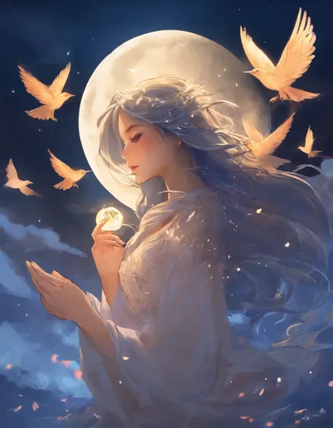 anime girl with a bird in her hand in the moonlight, cloud goddess, rhads and lois van baarle, anime fantasy illustration, goddess of the moon, inspired by Cyril Rolando, inspired by Yuumei, makoto shinkai cyril rolando, inspired by Ross Tran, anime fantas...