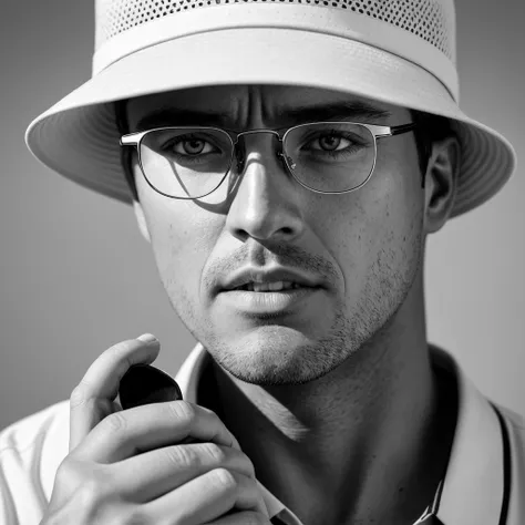 Close-up portrait of a male golfer, masterpiece, photorealistic, raw, (1.4:1 ratio), ultra high resolution. Golf ball gently resting on his callused hand, sweat dripping down his forehead, concentration etched on his face. Medium grey background blends sea...