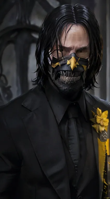 a photo of (( john wick  )) as ((scorpion)) from mortal kombat, yellow and black ninja outfit, (skull-like mask), kunai on a cha...