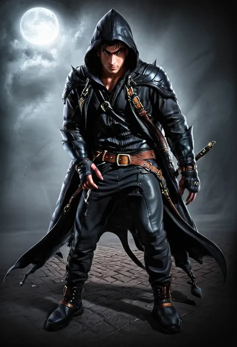 1 male, adult, handsome,high muscular face,black cloak, darkness ,full body ,wearing a hood, leather vest, leather bag at waist,...