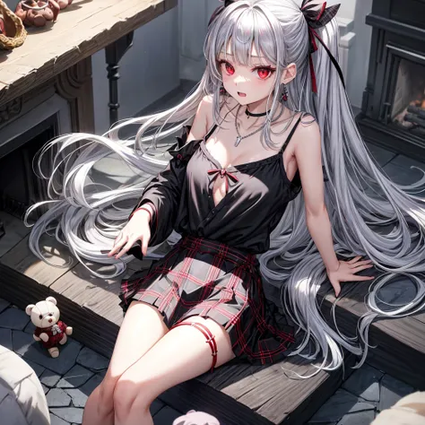 silver hair、red eyes、one good looking girl、solo、anime、plaid mini skirt、black camisole、black t-shirt、robe、wearing a ribbon、ribbon at waist、stones are piled up、crystal earrings、jewelry necklace、Light and shadow、tilting one&#39;s face、teeth are visible、pillar...