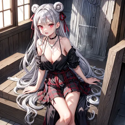 silver hair、red eyes、one good looking girl、solo、anime、plaid mini skirt、black camisole、black t-shirt、robe、wearing a ribbon、ribbon at waist、stones are piled up、crystal earrings、jewelry necklace、Light and shadow、tilting one&#39;s face、teeth are visible、pillar...