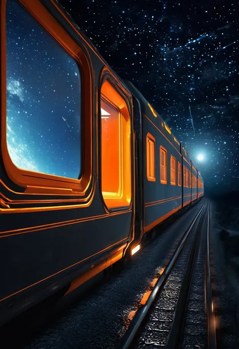 The night train will someday go to the dark night sky, the light of an orange light in the window, space train, science fiction