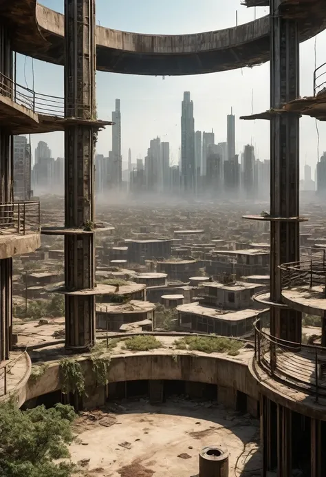 image of the view from inside the balcony of a tall circular tower in the center of a post-apocalyptic North American megalopolis, Vision of the whole city, a cidade tem tons de cinza, has smoky structures, carros abandonados nas ruas, apocalipse, vegetati...