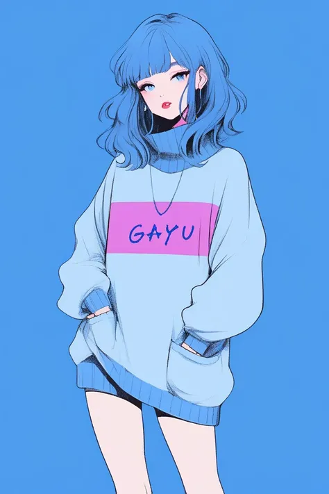 illustrator, Japanese cartoons , actual ,sketch , 1 girl, ,lips, sweater,Order, Blue gradient background, neon hair,textured trim, Canadian, (masterpiece,best quality) ganyou