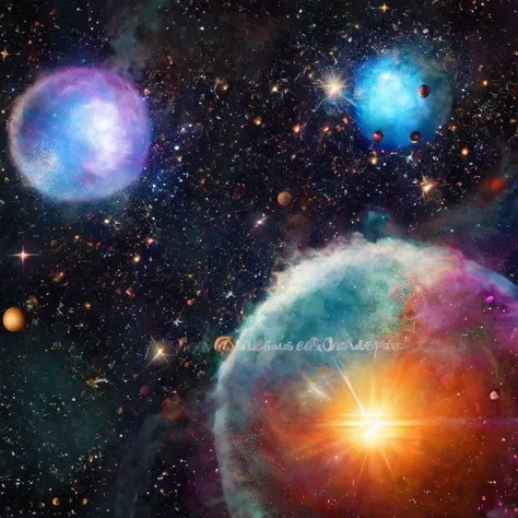 A vibrant cosmic scene with a large translucent sphere encompassing a smaller, glowing orb surrouned by various colorful nebulae and star clusters against a starry space background, featuring a swirling galaxy in the distance