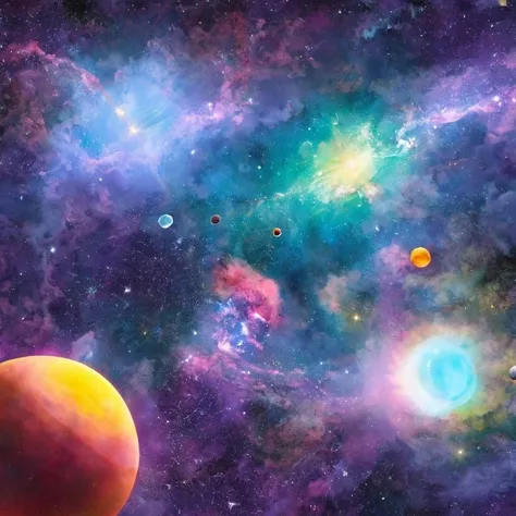 a vibrant cosmic scene with a large translucent sphere encompassing a smaller, glowing orb surrouned by various colorful nebulae...