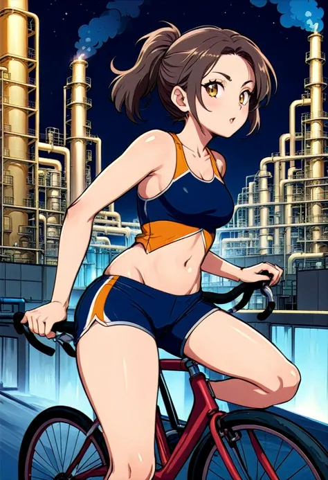 a girl rides a bicycle, in running shorts, short shorts, petrochemical plant, at night,
