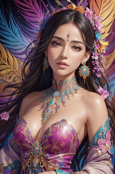 ((fractal art)),((masterpiece,highest quality,very detailed,ultra high resolution,detailed background)),(((abstract background))),(1 girl),((colorful)),flowers,(shiny skin),((lots of colors)),(earrings),feather