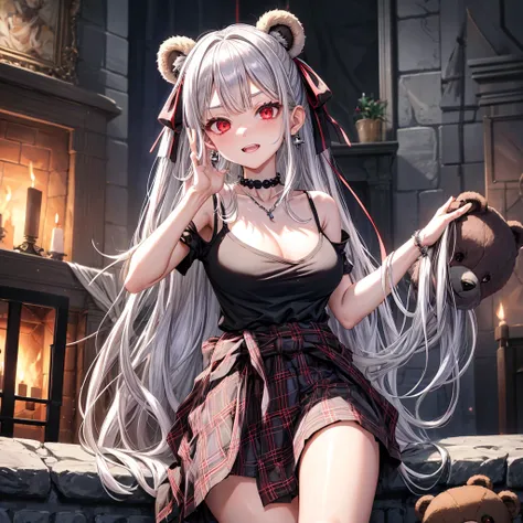 silver hair、red eyes、one good looking girl、solo、anime、plaid mini skirt、black camisole、black t-shirt、robe、wearing a ribbon、ribbon at waist、stones are piled up、crystal earrings、jewelry necklace、Light and shadow、tilting one&#39;s face、teeth are visible、pillar...