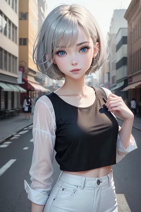 ((4K works))、​masterpiece、(top-quality)、1 beutiful girl、Slim body、tall、
((Black Y-shirt and white pants、Charming street style))、Wear one jacket、(Detailed beautiful eyeorning City、((sunny city))、Fashionable city with morning 、((Face similar to Carly Rae Jep...