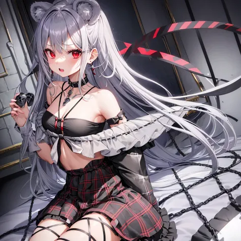 silver hair、red eyes、one good looking girl、solo、anime、plaid mini skirt、black camisole、black t-shirt、dress、wearing a ribbon、ribbon at waist、stones are piled up、crystal earrings、jewelry necklace、Light and shadow、tilting one&#39;s face、teeth are visible、pilla...