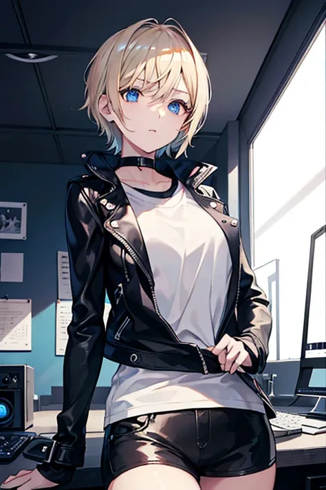 1girl, solo, A girl with short blond hair and blue eyes, dressed in a black leather jacket and white T-shirt,Ultra-high resolution fills the picture，headphone，stylish room,