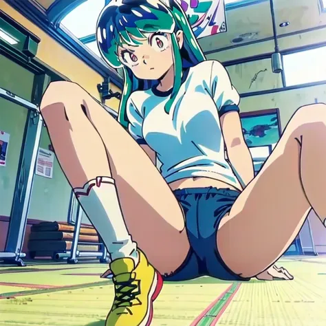 lum, long hair, (master piece, high quality)、anime girl sitting on a mat, ((bloomers))、((buruma)), しゃがむbeautifulアニメの女の子, anime g...