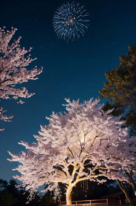 In the center, a large cherry tree in full bloom is lit up..、Fireworks coloring the night sky with a big moon in the background、It&#39;s very luxurious and shiny