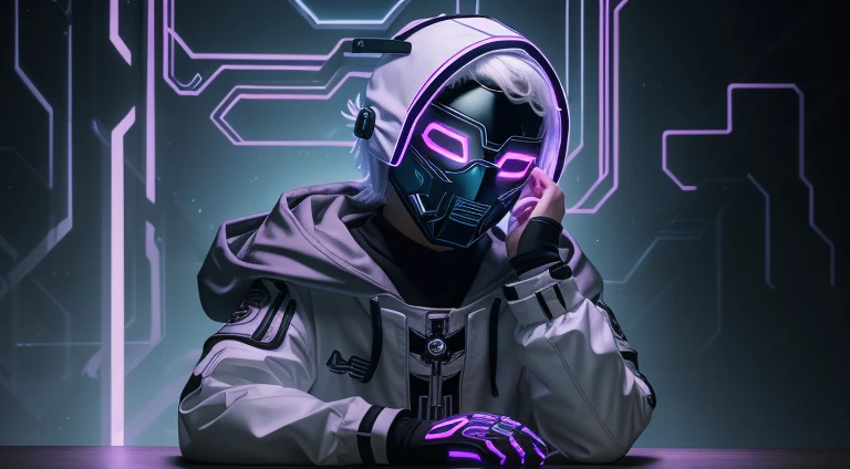 (Amazing scene) hooded boy wearing led cyber mask with medium hair with white hair band in his hair on a table as if he was on a podcast camera positioned below the shoulder line and the boy with his gloved hand on his bottomless chin