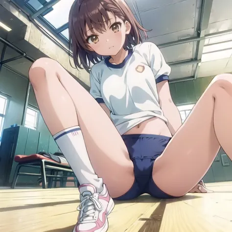 ((misaka_mikoto)), (master piece, high quality)、anime girl sitting on a mat, しゃがむbeautifulアニメの女の子, anime girl squatting, anime moe art style, ((bloomers)), ((buruma)), thighs!!!, strongest pose, Smooth anime CG art, navy color buruma, (spread your legaster...