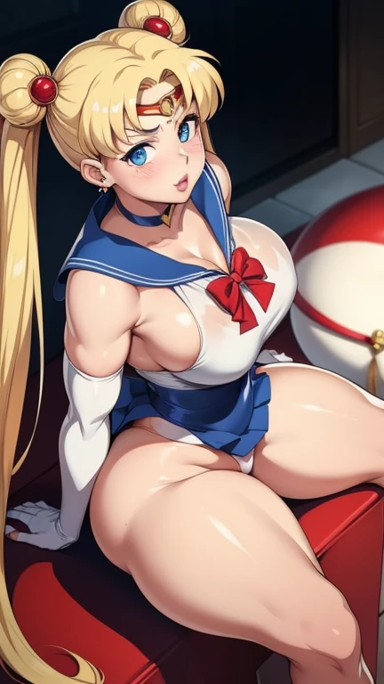 High resolution,  sailor moon, anime, masterpiece, 1 girl, ((slut))), sexy face, blue eyes, blonde, double buns, long twin tails, swollen lips, painted lips, thick lips, wide hips, thick thighs, huge fake breasts, huge round ass, shiny skin, parted bangs, ...