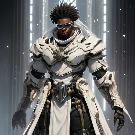 African American bad boy, il a 26 ans, il est en armure steam punk blanche, il vient du futur, il a de longues tresses blanches, des boucles d&#39;oreilles, lunettes noires, il est froid et déterminé, il est bad ass, il mesure 185 cm, he is muscular and at...