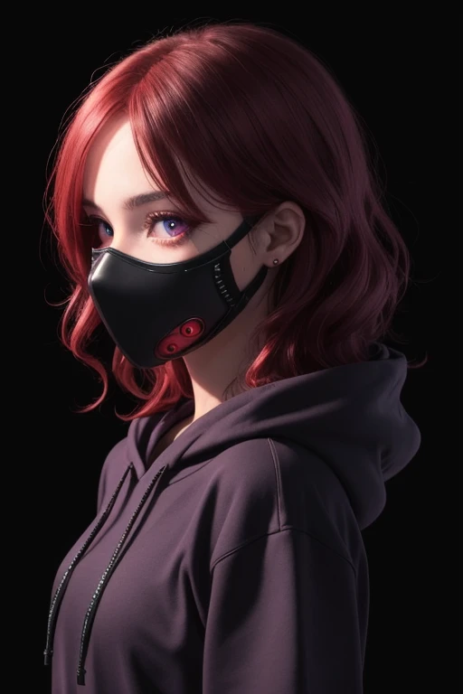 ((best quality)), ((masterpiece)), (detailed), perfect face,long wavy purple mix red hair color, sharp eyes, red eyeballs, wearing a cyber mask, wearing a black mix purple hoodie color, profile picture, dark light background. 