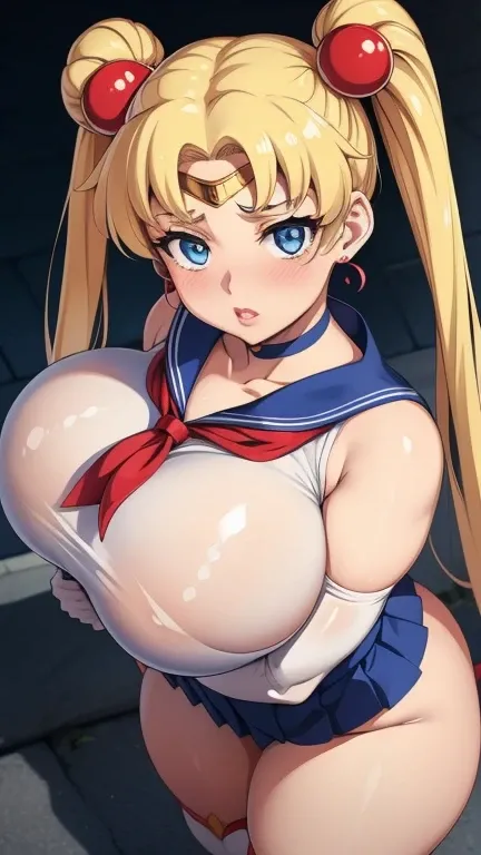 High resolution,  sailor moon, anime, masterpiece, 1 girl, ((slut))), sexy face, blue eyes, blonde, double buns, long twin tails, swollen lips, painted lips, thick lips, wide hips, thick thighs, huge fake breasts, huge round ass, shiny skin, parted bangs, ...