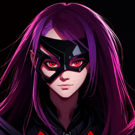 ((best quality)), ((masterpiece)), (detailed), perfect face,long wavy purple mix red hair color, sharp eyes, red eyeballs, wearing a cyber mask, wearing a black mix purple hoodie color, profile picture, dark light background. 