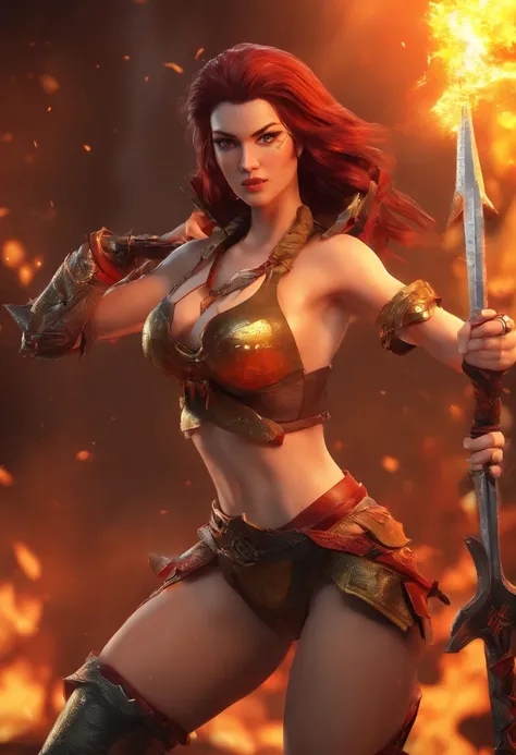 uma mulher guerreira，segurando uma espada longa，bikini，pingando sangue na batalha, There is fire in the background , 