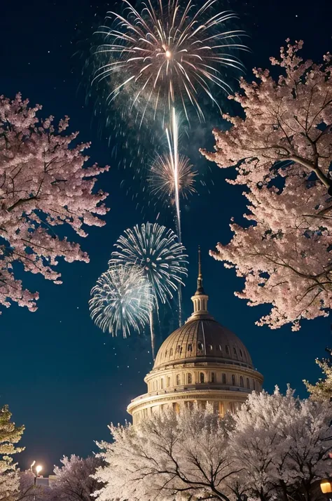 In the center, a large cherry tree in full bloom is lit up.、Fireworks coloring the night sky with a huge moon in the background、It&#39;s very luxurious and shiny