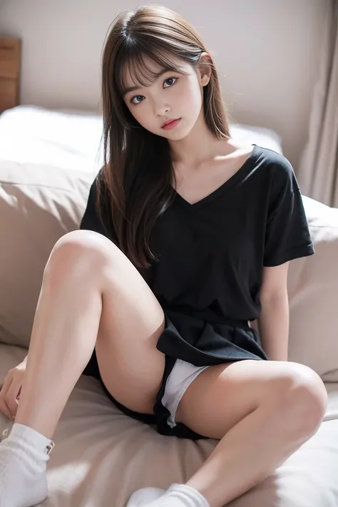 young girls，short skirt，legs apart，sitting，No pants