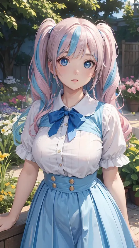 (masterpiece:1.2), (highest quality:1.2),, Curvy but slender body, perfect eyes, perfect face, perfect lighting, 1 girl,(rainbow colored hair, colorful hair, Half blue、half pink hair: 1.2),  in the garden, （shirt），（whole bodyが見える），（Transparent sexy clothes...