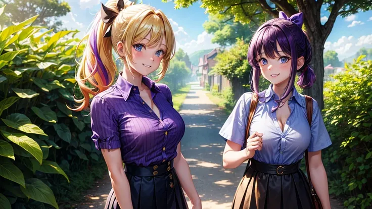 2girls, summer, village, trees, sun, clouds, ((colorful hair)), ponytail, large breasts, button down, blue eyes, ((purple shirt)), ((unbuttoned shirt)), unbuttoning buttons, popping buttons, ((short sleeved shirt)), black mini skirt, brown shoes, grin, loo...