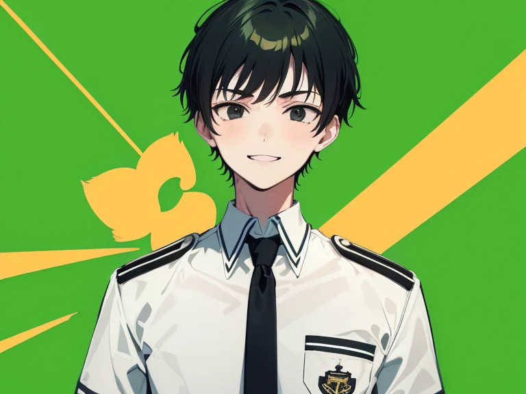 ((green background)), (long shot), (shot from the front), (smiling), 1 boy, (white school uniform), short hair, black hair, black eyes, high school student, tall, serious face, tie