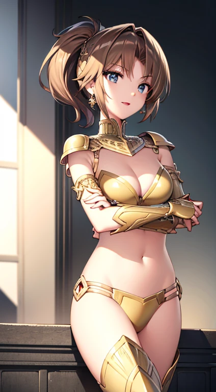 (1 girl,alone) ,fantasy, High resolution, 19 Private, original, (waist sheath:1.3), smile with open mouth, , short hair, medium breasts, view viewer, bangs ,Hazel eye detail, , put your hand on your chest,(brown hair,short ponytail hair:1.5), ,short hair, ...