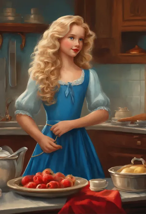 A captivating illustration reminiscent of Disney art style, depicting a young girl with shoulder-length blonde curly hair and blue eyes. She is wearing a blue dress. The red ribbon highlights her waist, adding to the overall elegance of the scene. is washi...