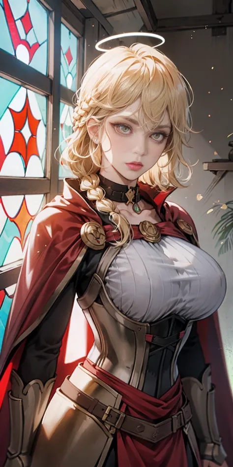 upper body of paladin lady in ornate golden armor, black collar, pauldrons, breastplate, corset, glowing halo, single braid, glowing eyes, bright pupils, eye focus, red cape, temple indoors, stained glass windows, day, daytime daylight, particles, light be...