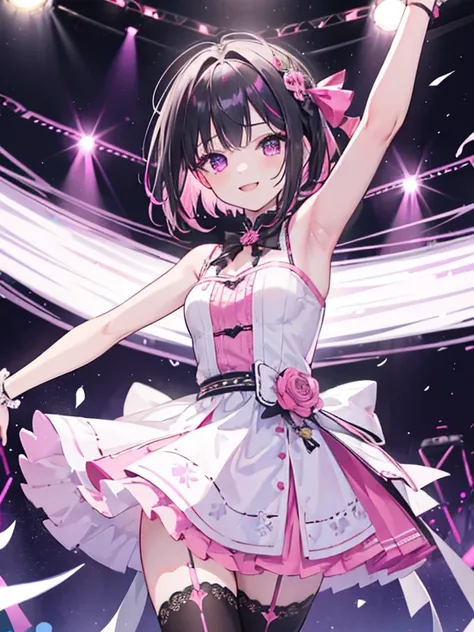 1girl, solo, azki, idol, idol clothes, pink dress, black dress, ribbon,  white dress, (short hair:1.25), multicolored hair, two-tone hair, pink hair, black hair, purple eyes, singing, concert, stage, outdoors, dynamic pose, bare shoulders, thighhighs, smil...