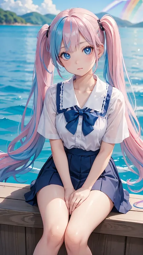 (masterpiece:1.2), (highest quality:1.2),, Curvy but slender body, perfect eyes, perfect face, perfect lighting, 1 girl,(rainbow colored hair, colorful hair, Half blue、half pink hair: 1.2),  cherry blossoms、 Glasses、（cute shirt），（whole bodyが見える），spring、（pa...