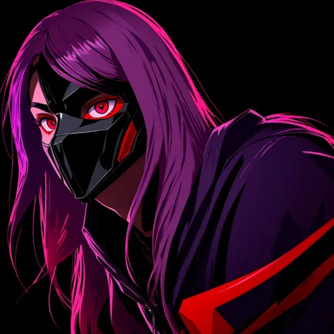 ((best quality)), ((masterpiece)), (detailed), perfect face,long wavy purple mix red hair color, sharp eyes, red eyeballs, wearing a cyber masker, wearing a black mix purple hoodie color, profile picture, dark light background. 