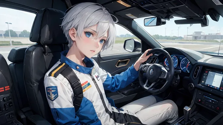  boy, 20-year-old, platinum silver color shortcut, Wearing a black and blue plug suit,  sitting in the cockpit of a fighter jet, closed your lips, With a determined look, Looking out the windshield, In 8K (masterpiece, highest quality, super fine).