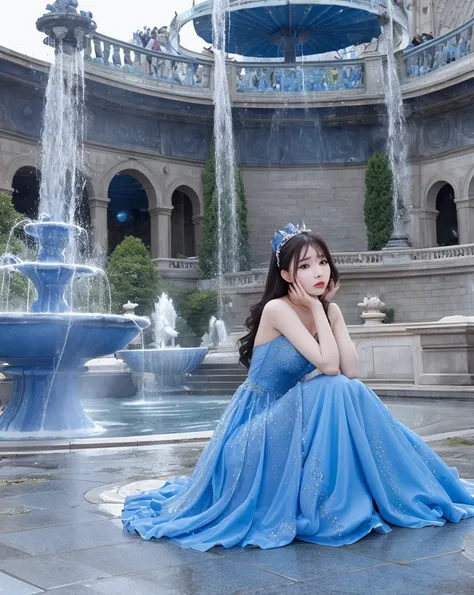 A woman in a blue dress is sitting on the ground near the fountain, celestial fairy tale, Expensive voluminous dress